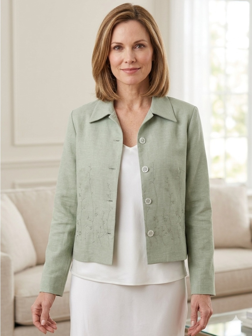 Vintage Miranda K Jacket. Button Front Embroidered Lite Green sz 12P